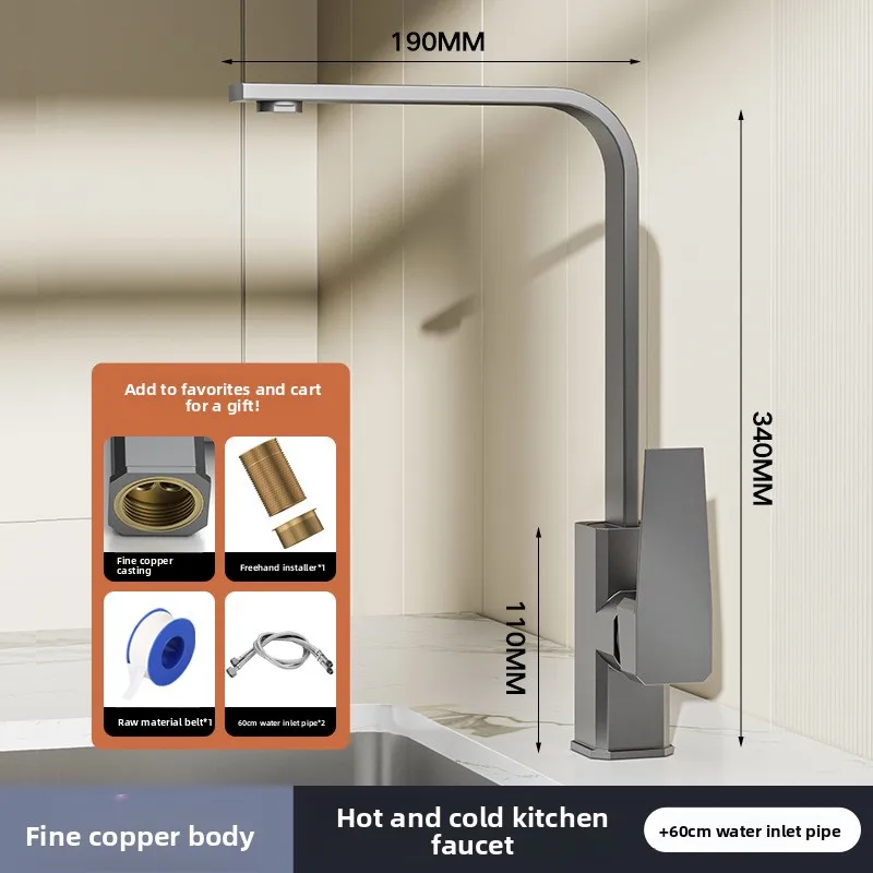 

Kitchen Mixer Tap Solid Brass Body Single Handle Hot Cold Water Control 360° Swivel Spout Durable Kitchen Sink Faucet