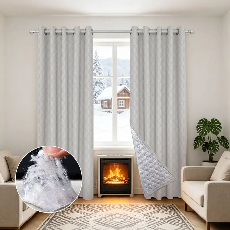 2pcs Modern Minimalist Diamond Quilted Cotton Thermal Grommet Curtains, Winter Cold Proof Heat Insulation Drapes  C2320