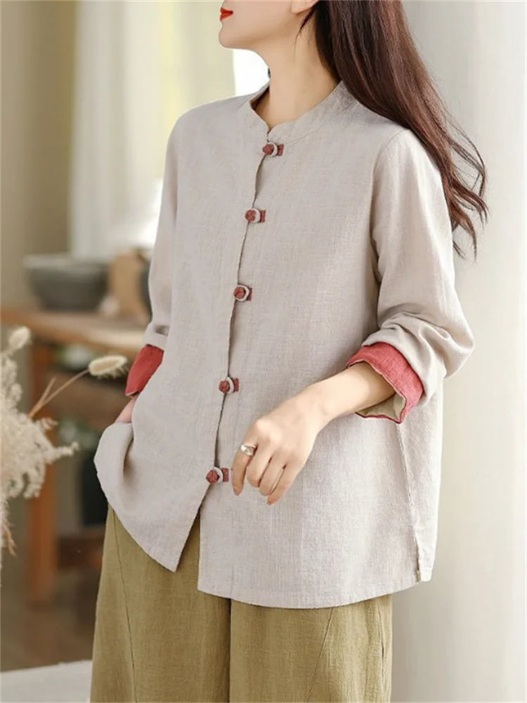 الرجعية فضفاض Bouse المرأة قميص معطف الصينية القطن قميص كتان اللون التباين أبلى الرجعية القرص سترة قميص الإناث #6