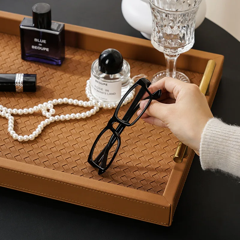 Luxury Faux Leather Rectangular Tray with Metal Handles Woven Texture Storage Tray for Key Cosmetic Jewelry Home Decor