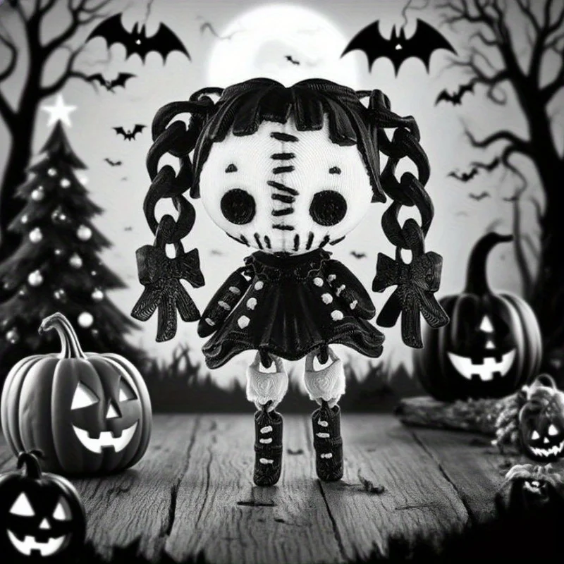 ثلاثية الأبعاد مطبوعة القوطية الرعب المنقولة المشتركة أبيض وأسود مزدوج ذيل حصان فتاة شيطان دمية هالوين عيد الميلاد زينة زخرفية