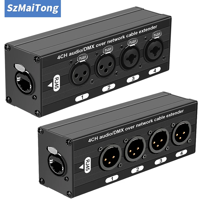 Multi-Purpose 4CH Audio & DMX Extender Over Cat5 Cat6, XLR to RJ45 for Live Show, Studio & Stage Equipment