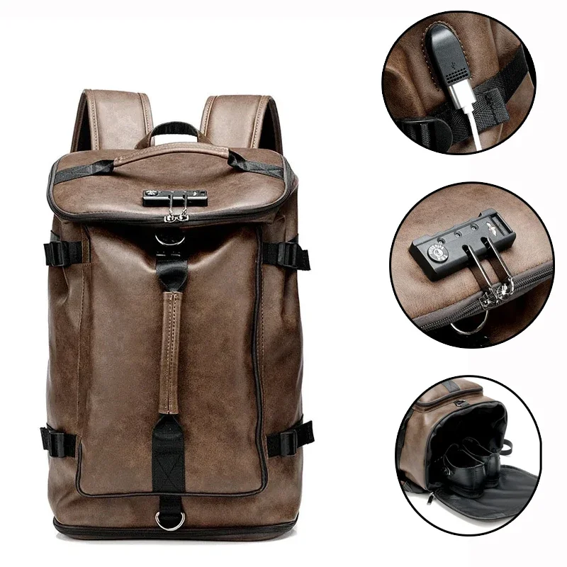 

Fashion Vintage Waterproof Backpack Multifunctional PU School Bags Male Functional Bags Big Anti-theft Capacity Handbag Backpack