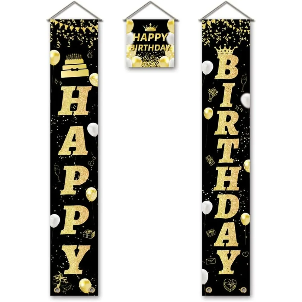 Happy Birthday Porch Banners Black and Gold Hanging Birthday Porch Sign Happy Birthday Yard Signs Welcome Banner Hanging Flag