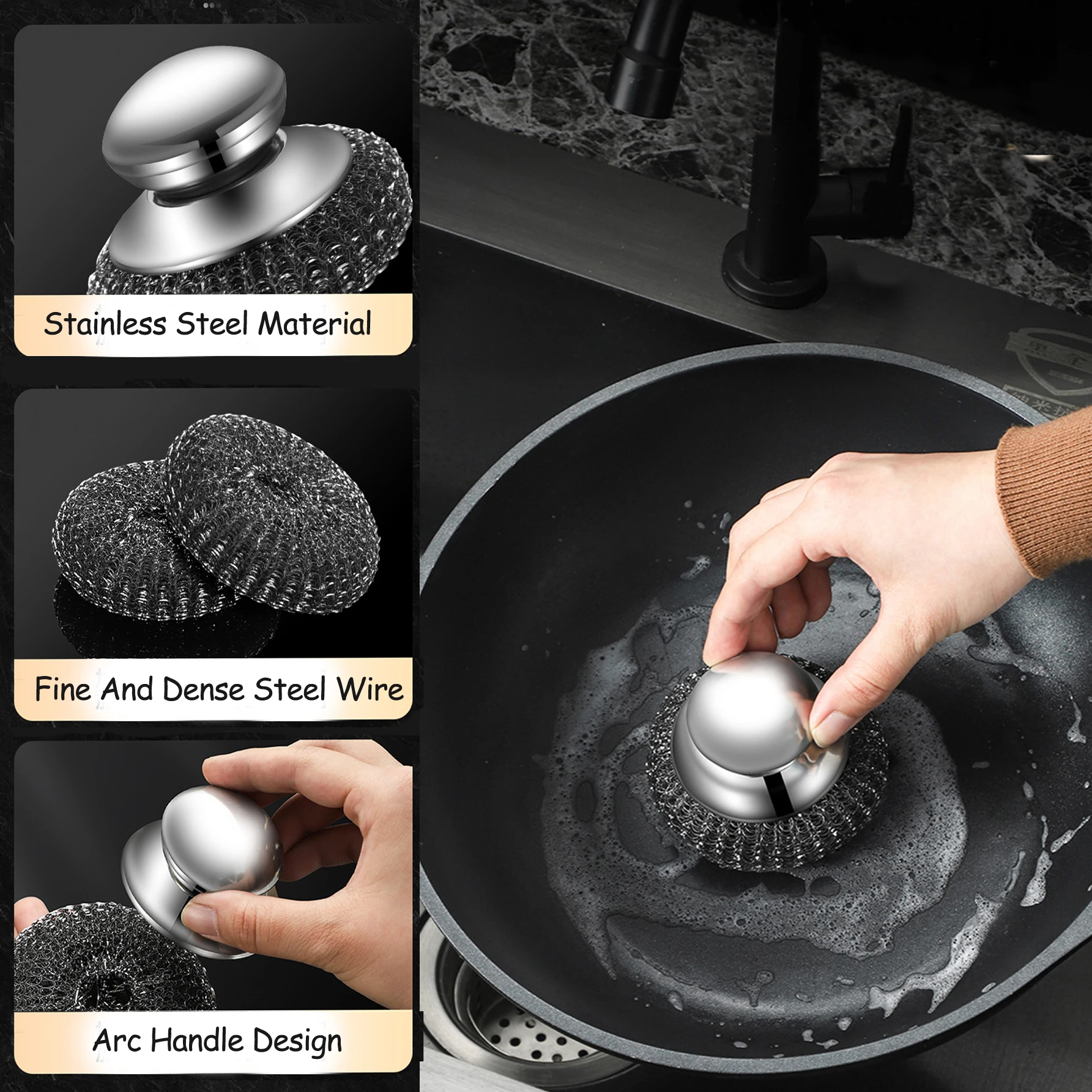 1PC Steel Wool Scrubber with Handle Stainless Steel Cleaning Brushes Cleaning Dishes Stock Pots Pans Griddles Grills