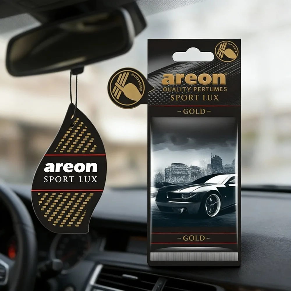Ambientador colgante para coche Areon Sport Lux gold, eliminador de olores de larga duración para el hogar, perfume para auto con diseño premium de fibra de carbono.