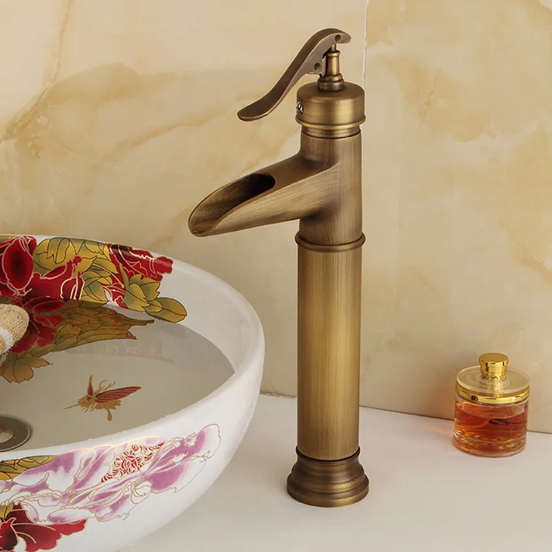 

Basin Faucets Antique Brass Waterfall Bathroom vessel Sink Faucet Single Handle Hole Deck Wash Mixer Water Tap WC Taps