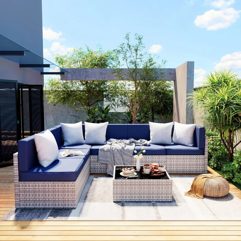 

-Piece Outdoor Sectional Sofa Set, Waterproof All-Weather Gray Rattan Wicker Patio Furniture with Washable Cushions,Conversati