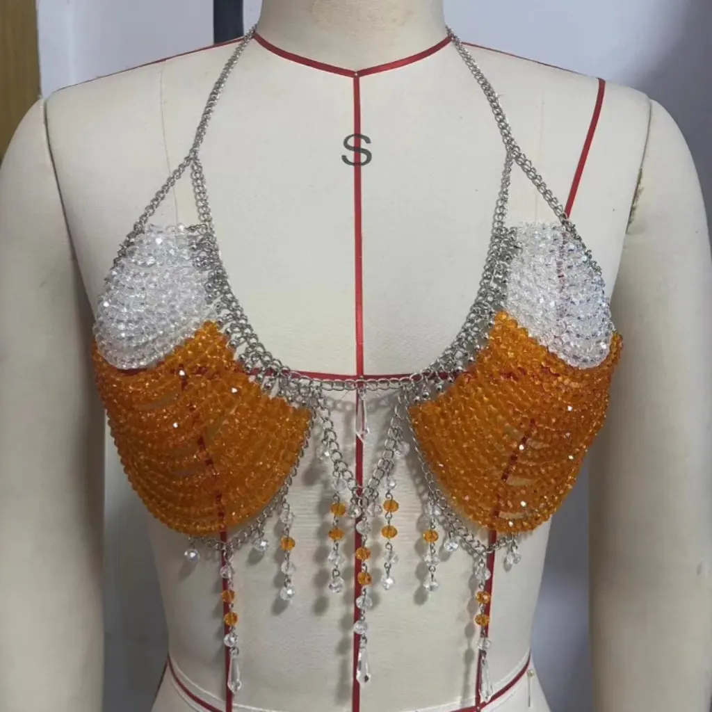 

L5054Y Beaded Chest Chain Jewel Bra Real Shot Body Chain Jacket Vest for Women Fashionable Beads Detail Top