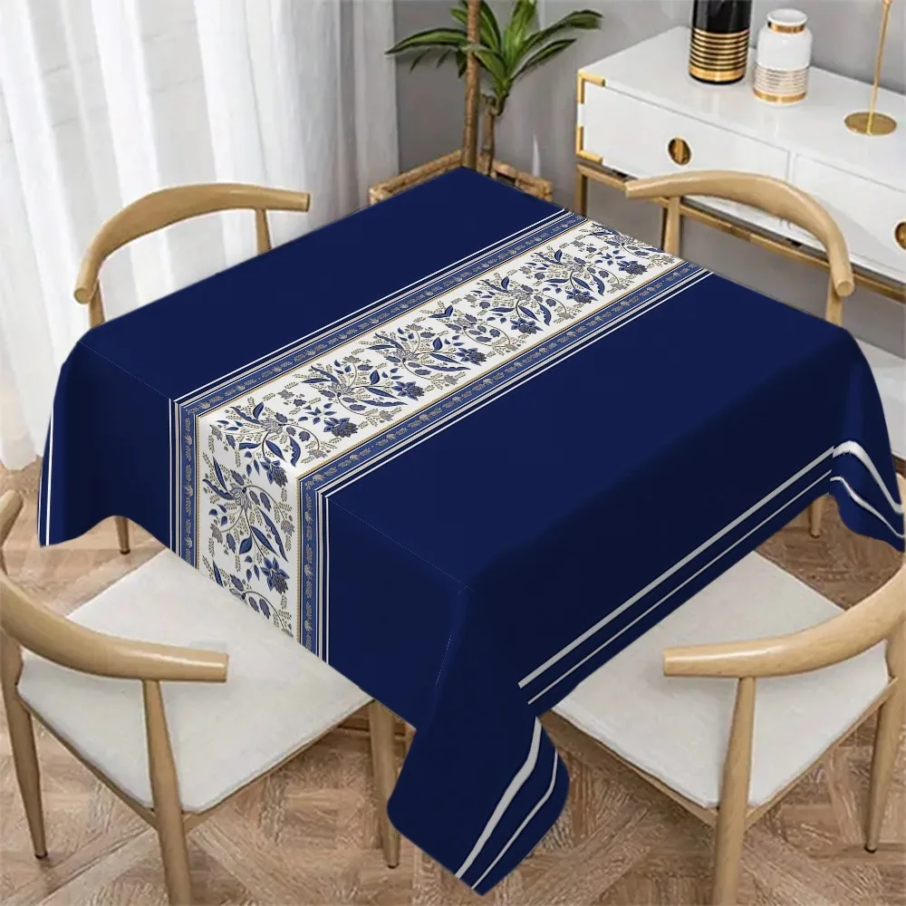 1pc Elegant Navy Blue Floral Tablecloth with Golden Accents, Creating a Refined Dining Table Setting. Suitable for Cafes, Weddin