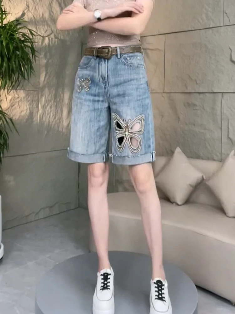 

High Waist Denim Shorts Women's Loose Slim Straight Stitched Glitter Personality Wide Leg Five-Quarter Trendy Summer Jeans