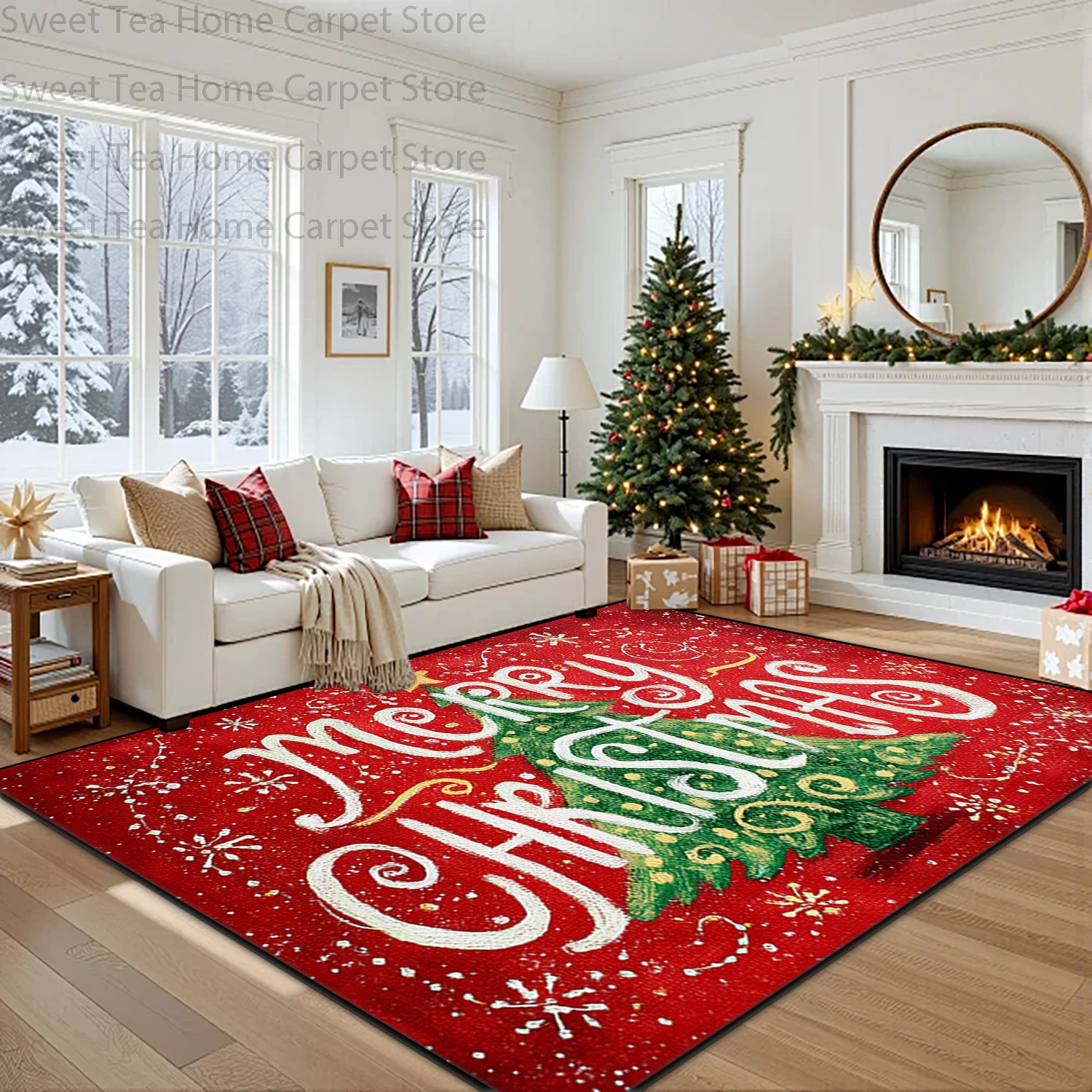 Red Christmas Living Room Large Area Carpet Non-slip Washable Bedroom Velvet Rug Soft Fluffy Holiday Home Decoration Floor Mats