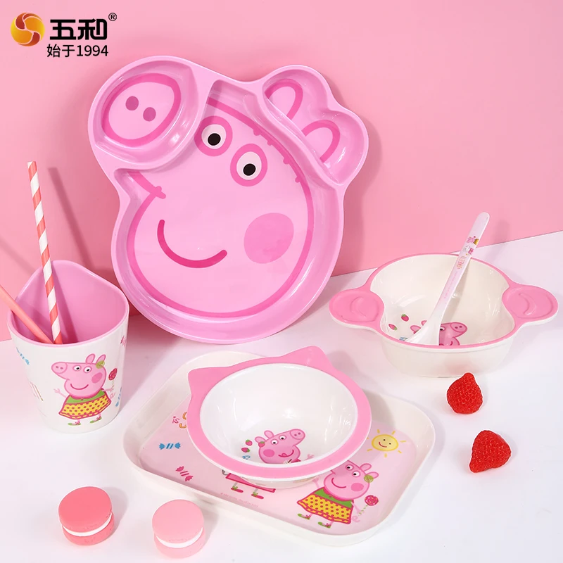For Peppa Pig Tableware for Children Food Grade Melamine Dinner Plate Cartoon Divided Tray Rice Bowl Anti Fall Water Cups Gift