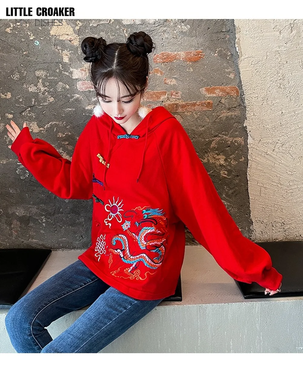 2024 New Vintage Embroidery Plus Size Sweatshirt Women Long Sleeve Loose Chinese Style Buckle Casual Hoodies Female Pullover Top