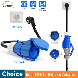 AFEEV EV Charger CEE Female Plug 3 Pins Bule CEE to Schuko Adapter Wall Socket Extend Cable Connect with 7KW 32A 1Phase Charger