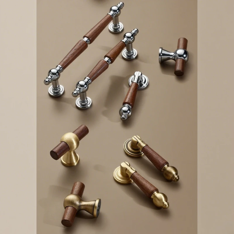 درج النحاس مقبض سحب العتيقة نمط العتيقة النحاس اللون خزانة باب خزانة ملابس مقبض خشب الجوز #1