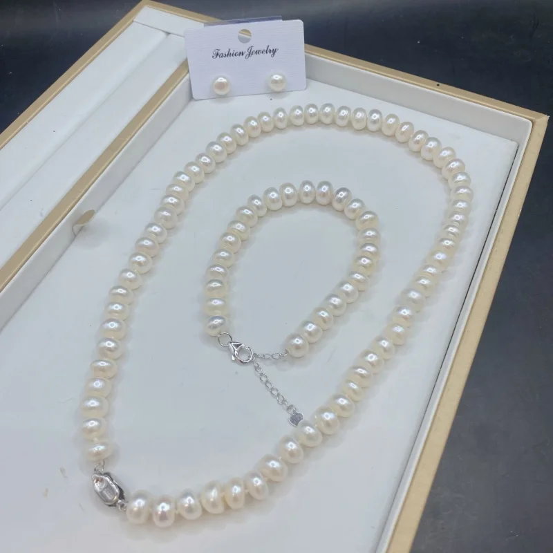 Natural Freshwater Button Pearl Necklace Bracelet Earring Jewelry Set 4A High Luster Flawless S925 Silver Clasp For Women Gift
