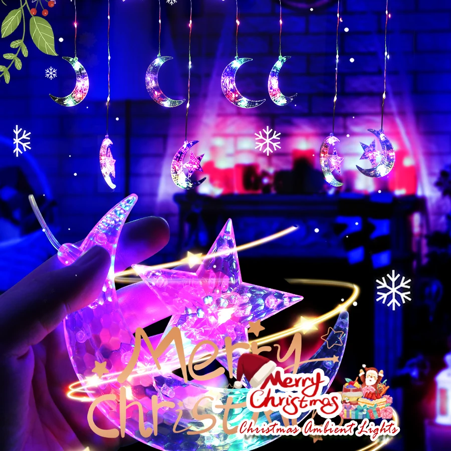 Christmas Star-MoonCurtain Lights EU Plug LED Flashing Fairy String Lights,Waterproof for Holiday Party Wedding Xmas Tree Decor