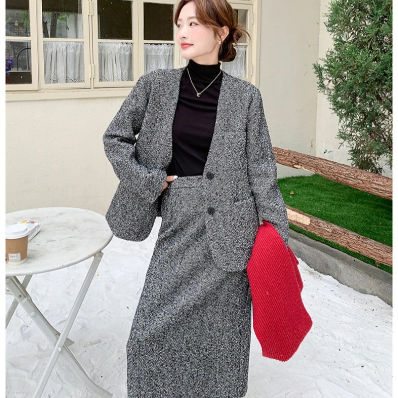 Модный шерстяной пуховик с v-образным вырезом, куртка, повседневная полуюбка, женская зима 202, новый элегантный комплект из двух предметов для поездок на работу