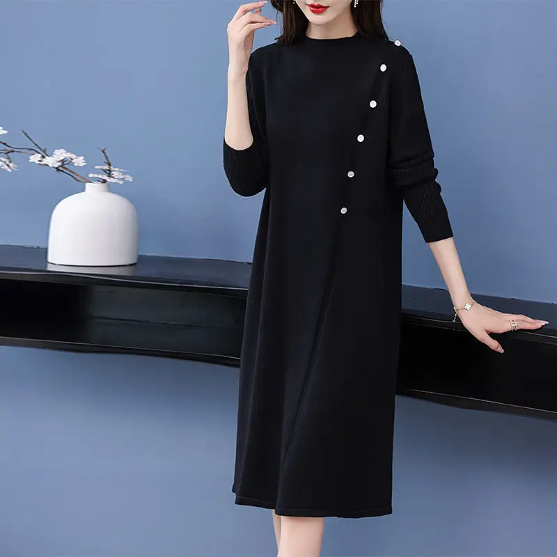 

2023 New Fashion Elegant O-neck Women Autumn Winter Oversize Knitting Dress Button Brief Office Lady Bottom Long Sweater Dress