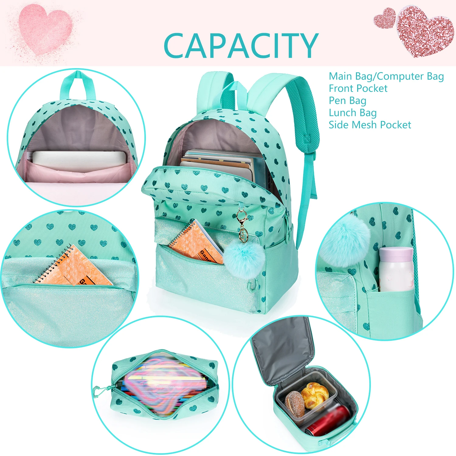 소녀를 위한 배낭 점심 가방과 필통이 있는 귀여운 학교 가방 다목적 여행 데이팟 여성용 경량 배낭