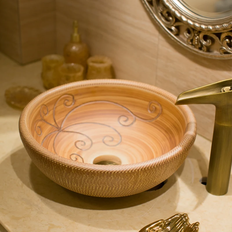 

Jingdezhen Ceramic Basin Washbasin Artistic brown carving round ceramic wash basin bathroom sink