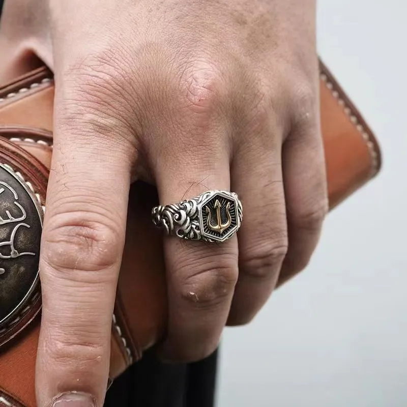 Zinc Alloy Electroplated Antique Silver Design Ring - Trident - Prayer Design - DIY Decorative Accessory