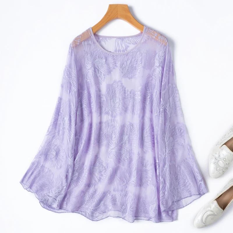 

100% Mulberry Silk Women Silk Blouse Thin Type Transparent Purple EmbroideryO Neck 3/4 Sleeve Shirt Top Pullover L XL M1362