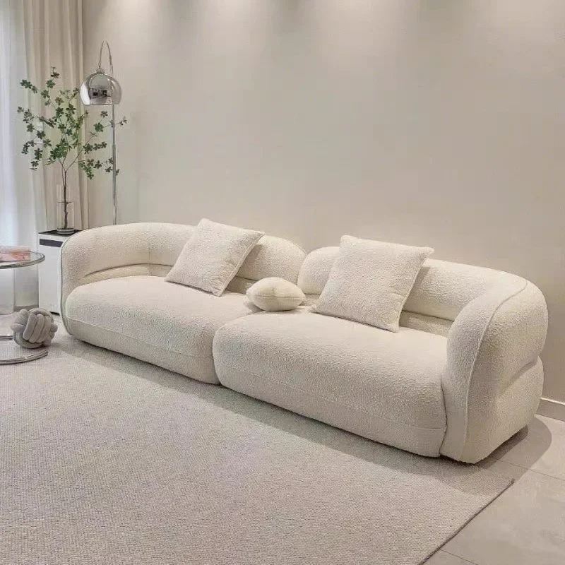 

Nordic cream style beige fabric sofa curved small apartment lamb wool three-person straight