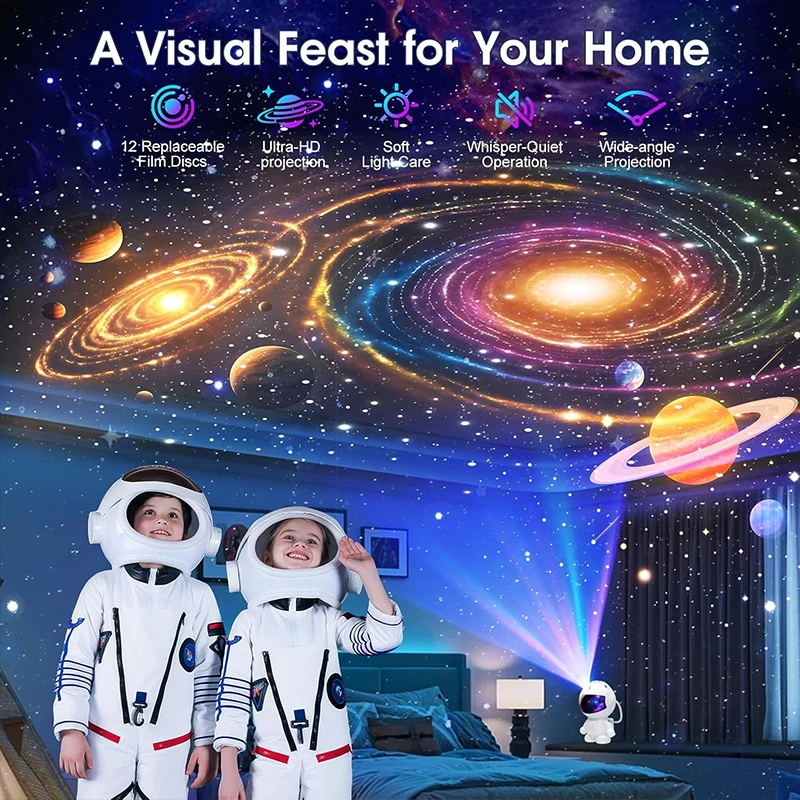 Projecteur de planétarium d'astronaute pour chambre à coucher, 12 disques d'image, veilleuse galaxie, éclairage d'ambiance au plafond, décor de pièce spatiale LED