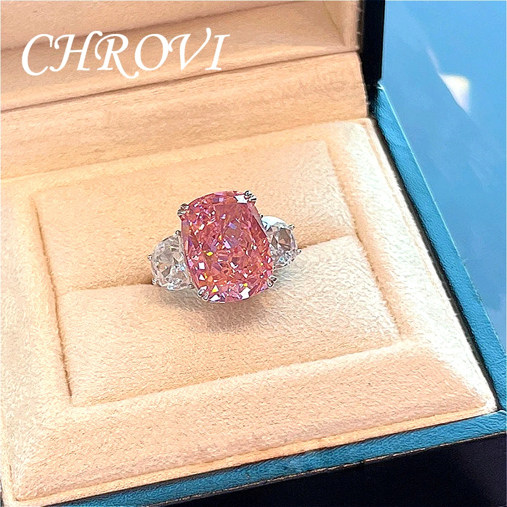 Luxury-Style 925 Sterling Silver Sparkling Long Pillow-shaped Pink Zirconia Simple and Elegant Open Ring for Women