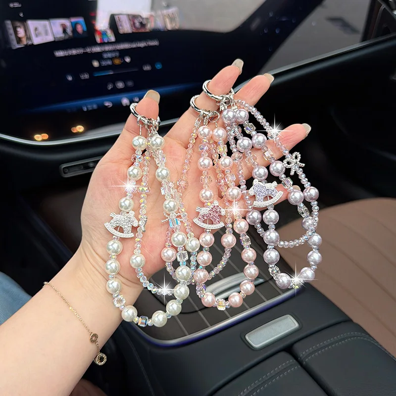 Fashion Pony Beaded Car Keychain for iPhone/Samsung, Wrist Strap & Bag Charm, Creative Jewelry Accessory for Women