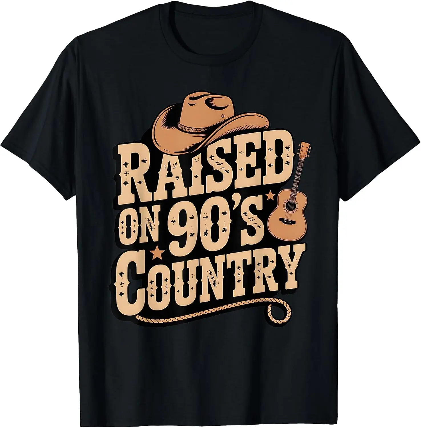 Raised On 90S Country Music Vintage Western Cowboy Guitar T-Shirt Fashion Unisex Graphic Pattern T‑Shirt Casual Daily Wear Crew Neck Short Sleeve Soft Cotton Unique Design Tee Tops For Men Women.