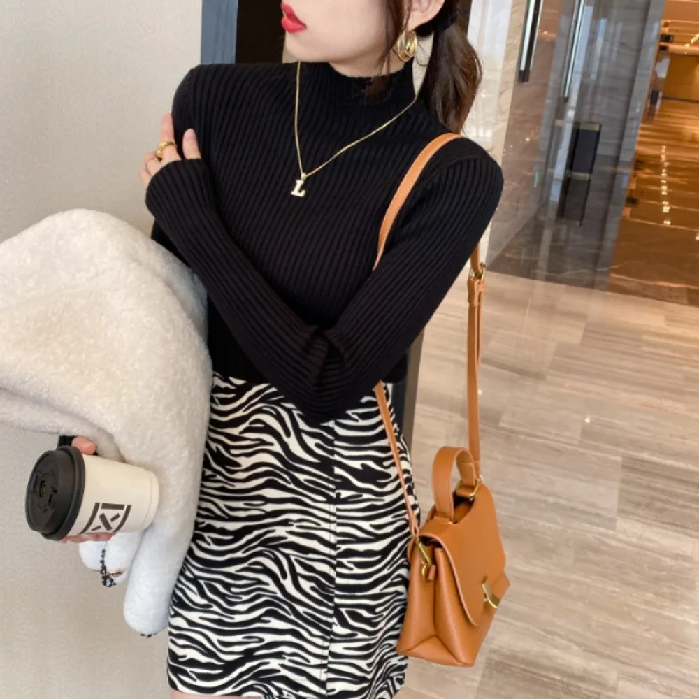 Basic Solid Color High Collar Sweater Elastic Knit Slim Fit Knit Sweater Warm Winter Turtleneck Top Women
