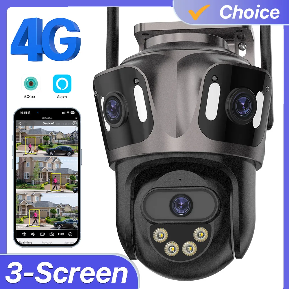 Three Lens 4G Sim Card 6K HD IP Camera Wifi Surveillance Outdoor 4K Security PTZ Camera 2-Lens Auto Tracking Video CCTV iCsee