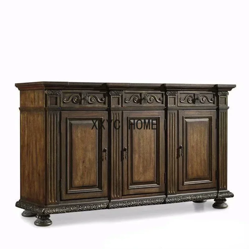 Oak Solid Wood Sideboard Vintage Distressed Carved Three-Door Entrance Cabinet Foyer Curio Cabinet
