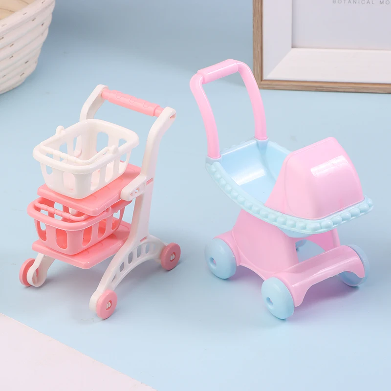 1/12 Dollhouse Simulation Mini Supermarket Shopping Cart Baby Trolley Shopping Basket Model Dollhouse Decoration Accessories