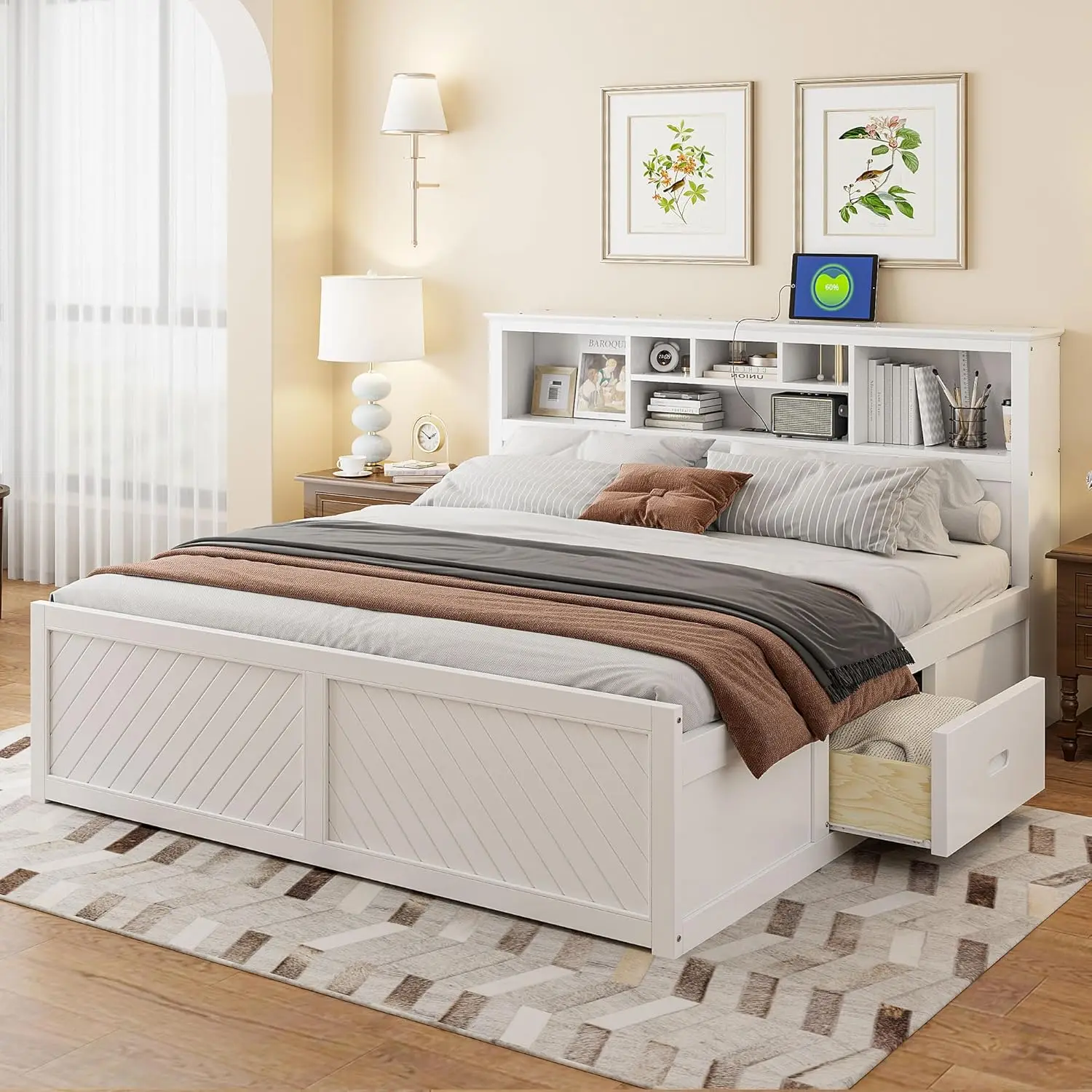 King Size Platform Bed with Bookcase Headboard and Storage Drawers, Wood King Storage Bed Frame with USB, White