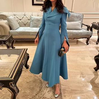 Robes de soirée élégantes pour femmes, longueur rinçage, ligne A, manches longues, robe d'invité de mariage, robe de soirée moderne, maxi col en V, bleu clair