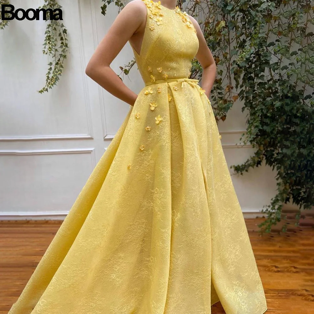 Booma Yellow Lace A-Line Prom Dresses Hatler 3D Flowers Formal Occasion Dresses Long Women\'s Evening Dresses for Party Events