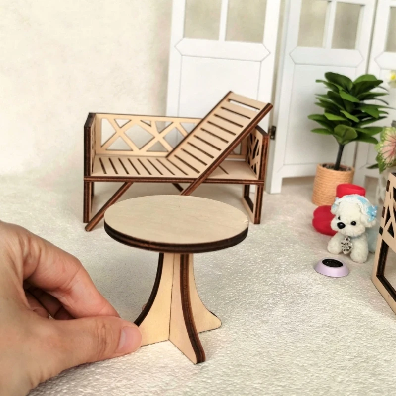 Charm Wooden Doll House Dining Set Table Chair Model For Kids Creative Role Play 15UB