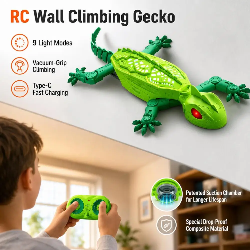 Remote Control Wall Climbing Gecko Toy Vacuum Suction 9 Light Effects Type‑C Charging Funny Prank Toy for Children