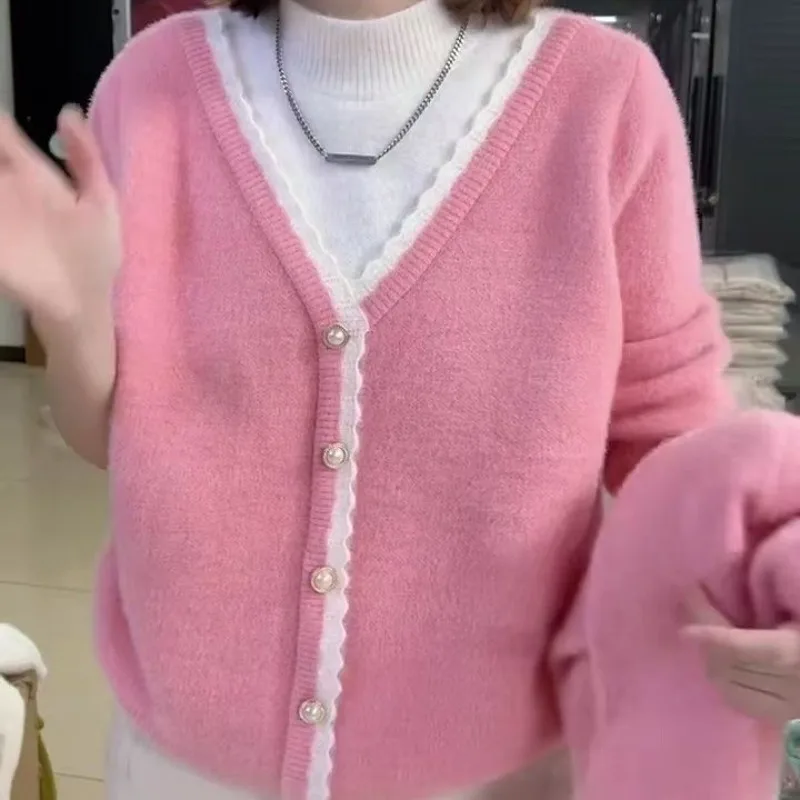 

V-neck Thick Warm Knitting Pullovers Autumn Winter Fashion Patchwork Solid Color Sweater Casual All-match Knitwear Tops JJ27
