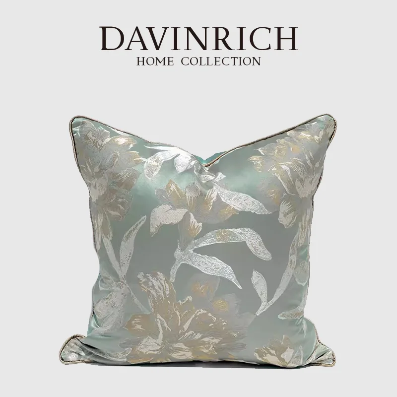 DAVINRICH Teal Elegant Cushion Cover Oriental Floral Forms Antique Scroll Embroidery Decorative Accent Pillow Case Fast Shipping