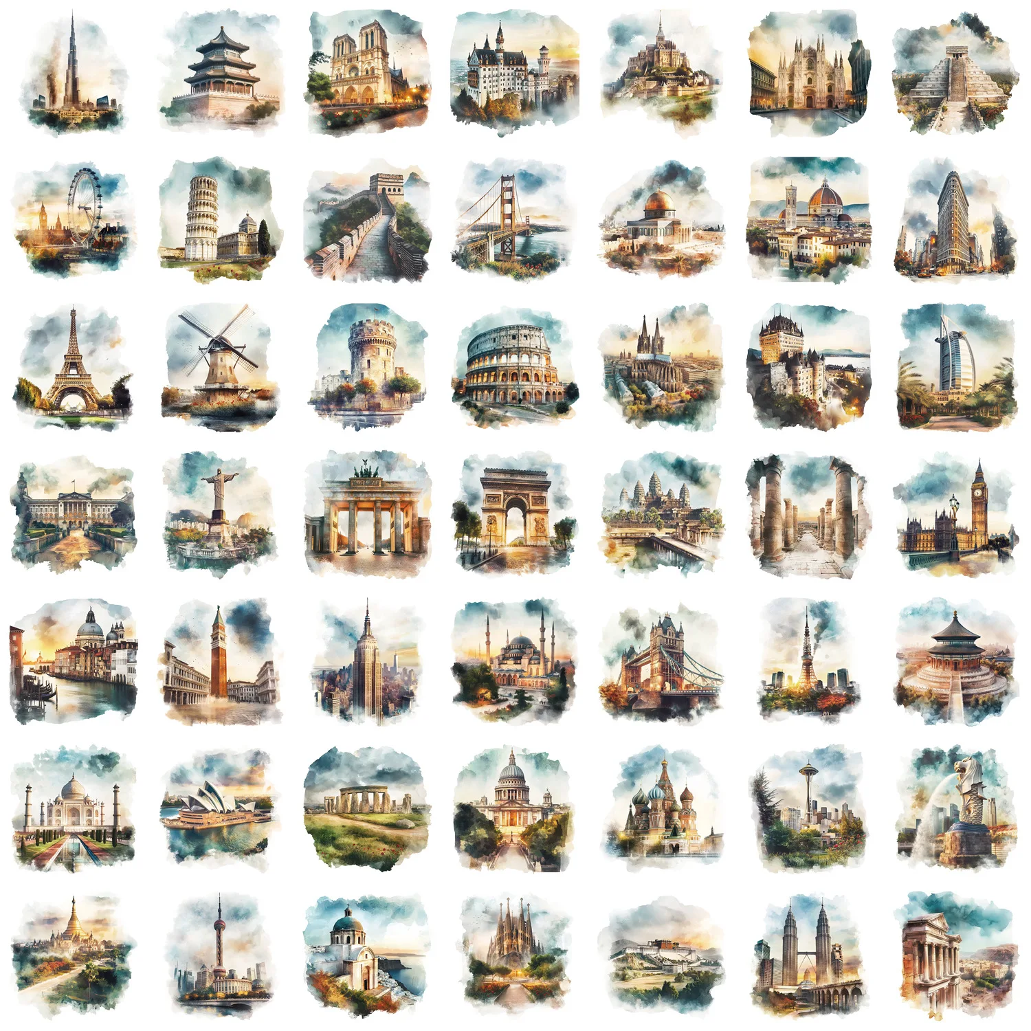

50PCS World Architecture Arc de Triomphe Pyramid Doodle Retro Style Decorative Laptop Skateboard Waterproof Sticker Kids Toy