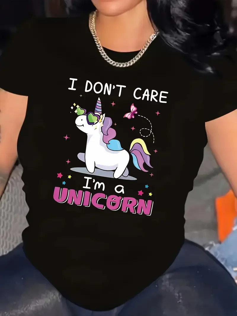 

Plus - Size Women's Black Short - Sleeve T - shirt, Funny Unicorn & “I Don't Care...” Print, Cute & Trendy
