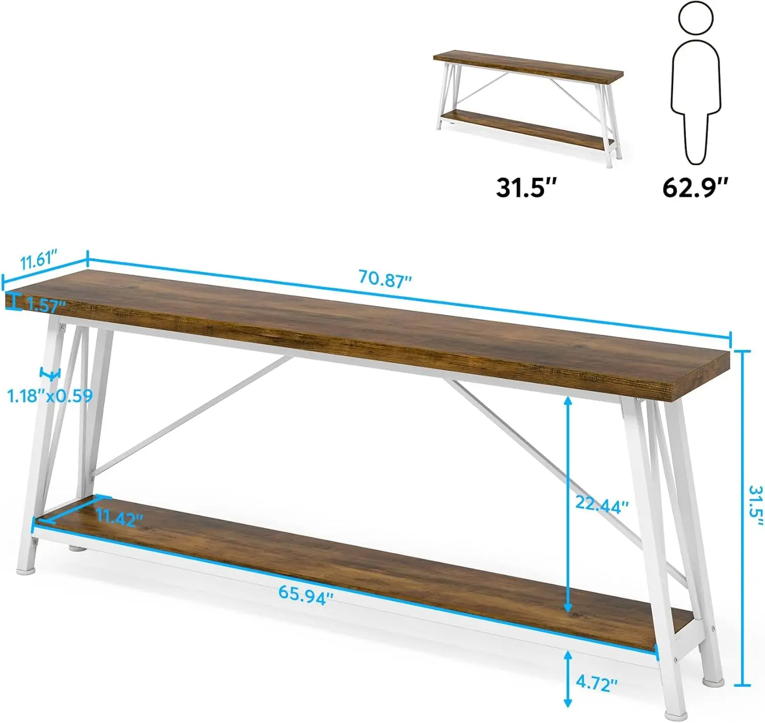 70.9 Inches Extra Long Sofa Table Behind Couch, Industrial Entry Console Table for Hallway, Entryway, Living Room, Light Brown