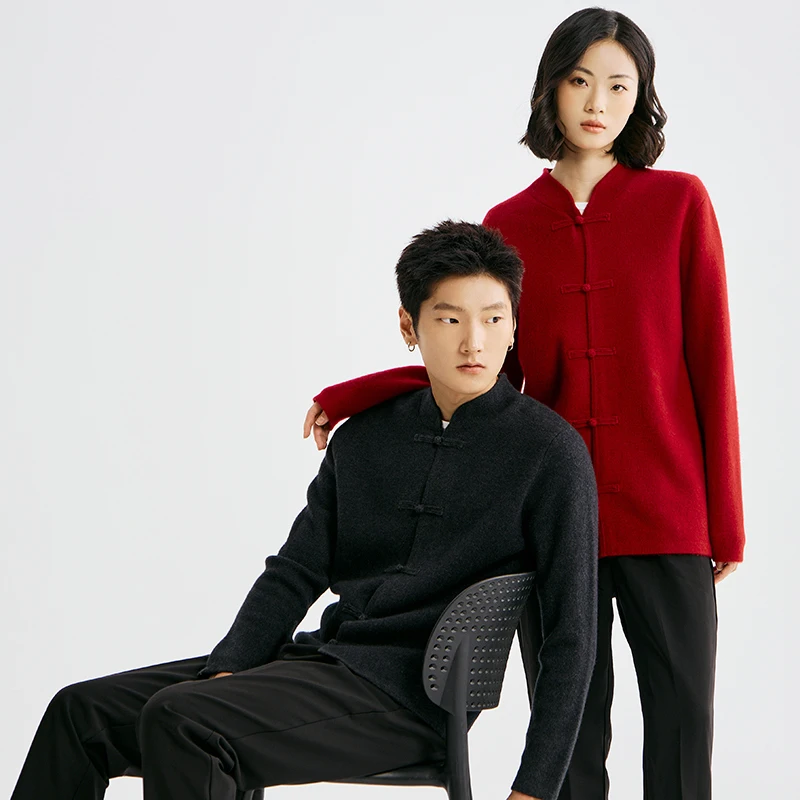 New Chinese Style Couple Style 100% Merino Wool Sweater Stand Collar Long Sleeve Cardigan Autumn And Winter Clothes Fashion Top