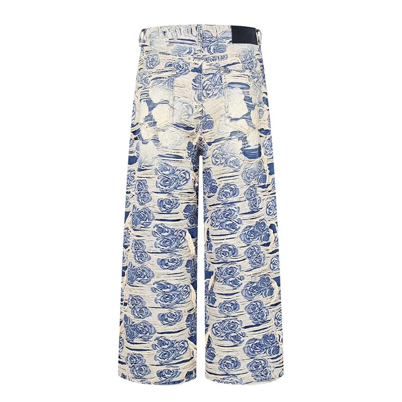 Printed Hip Hop Ripped Casual Jeans Pants Harakuju Washed Streetwear Denim Trousers For Male Blue