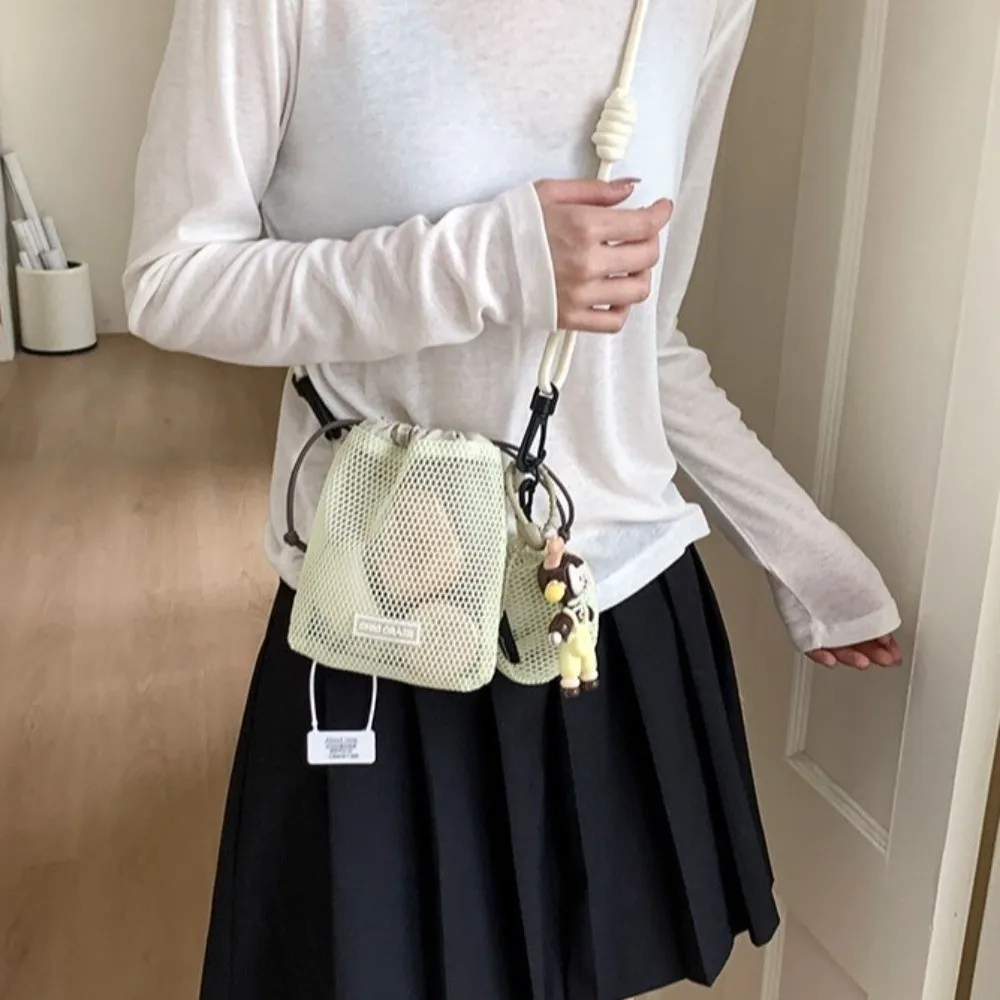 Sweet Drawstring Nylon Mesh Bag Korean Style Crossbody Bag Mesh Shoulder Bag With Purse Wallet Phone Bag Outdoor